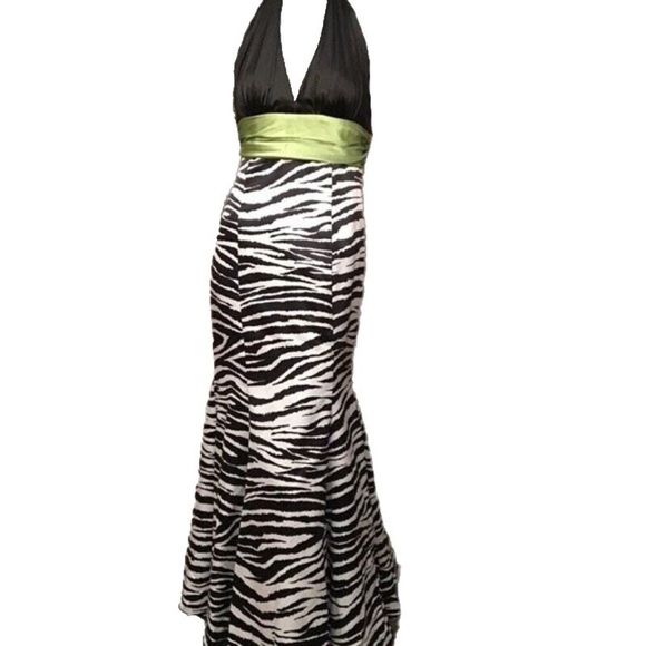 Betsy & Adam Size 2 Zebra Print Halter Gown with Lime Waist - Picture 1 of 10